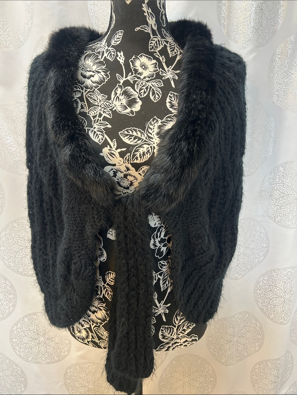 Black Rabbit Fur Trim Knit Shawl Women OS